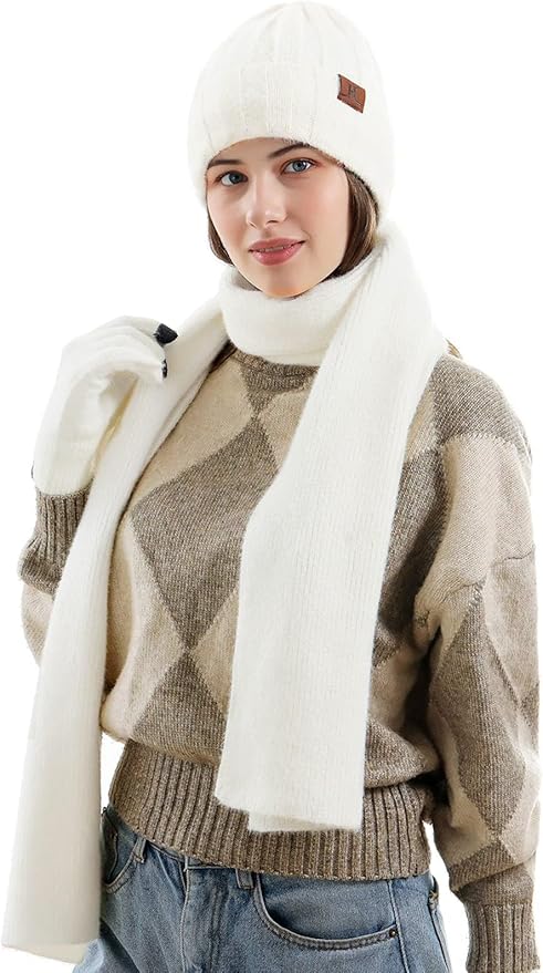 Womens Winter Warm Knit Beanie Hat Touchscreen Gloves Long Neck Scarf Set with Fleece Lined Skull Caps Gifts for Women