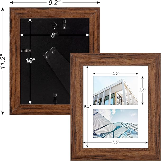 8x10 Picture Frame Display Double 4X6 Picture Frame Collage,Multi Photo Frame with Mat,Plexiglass,Wall or Tabletop Decor,Carbonized Brown Wood Grain