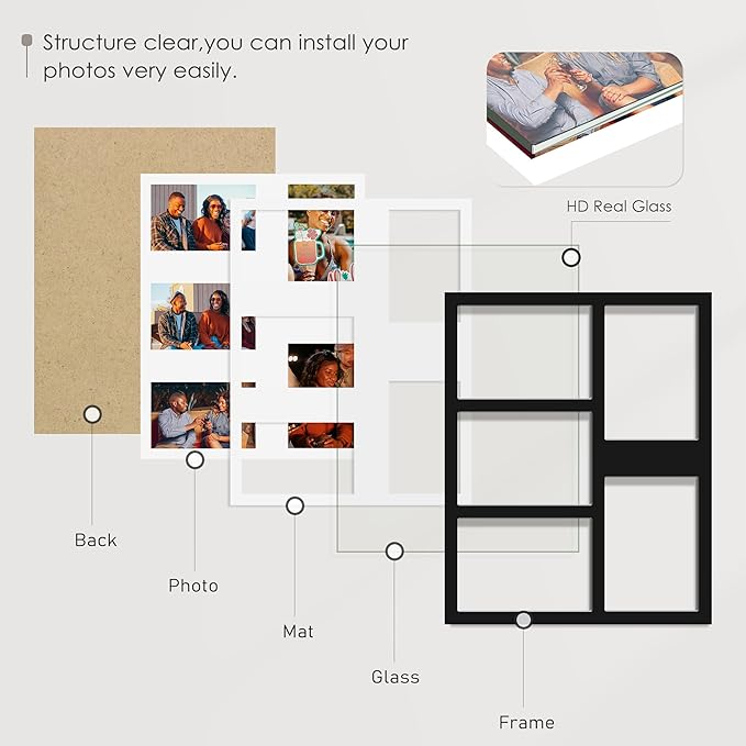 5x7 Picture Frame Collage Holds 5 Photos Made of High Definition Glass, Mat for Display 4x6 Picture Frame Collage Photo for Wall Decor Black