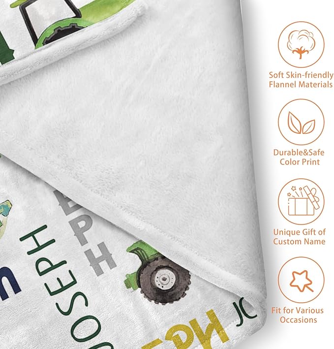 Personalized Tractors Blanket - Custom Name with Farm Tractor Trucks Design - Soft Plush Flannel Bed Blanket for Baby Kid Teen Boys Girls Customized Gifts White & Green