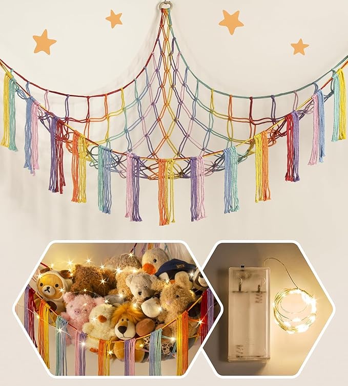 RelaxScene Stuffed Animal Storage Hammock Corner X-Large with LED Light - Baby Hammock Hanging Holder Plushies Net for Stuff Animals Organizer - Cute Room Decor Aesthetic Kids Toddler Nursery Bedroom