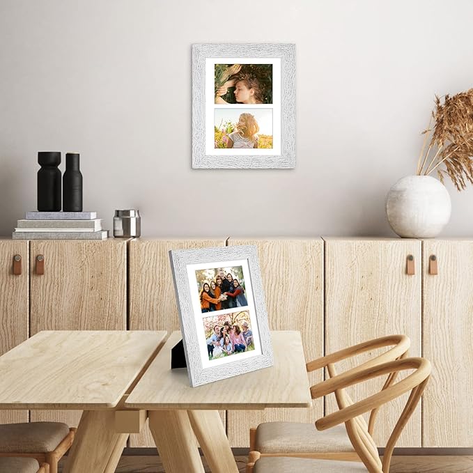 8.5x11 Picture Frame Display 2 opening Double 5x7 Picture Frame Collage,Multi Photo Frame with Mat,Plexiglass,Horizontal and Vertical Formats for Wall Decor,Distressed White Wood Grain