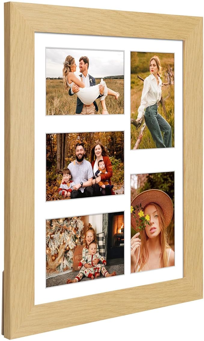 11x14 Picture Frame Display 5 opening 4X6 Picture Frame Collage,Multi Photo Frame with Mat,Plexiglass,Wall or Tabletop Decor,Natural Wood Grain