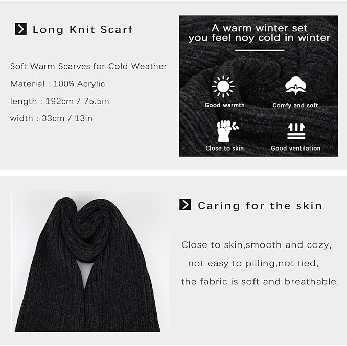 Womens Winter Knit Warm Hat Beanie Long Scarf Touch Screen Gloves Set Skull Caps Neck Scarves for Women