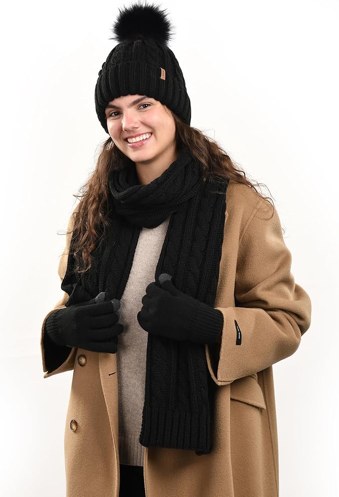 FURTALK Womens Winter Hat Gloves Scarf Set Fleece Knit Pom Beanie Warm Neck Warmer Touchscreen Gloves 3 in 1 Gift Set