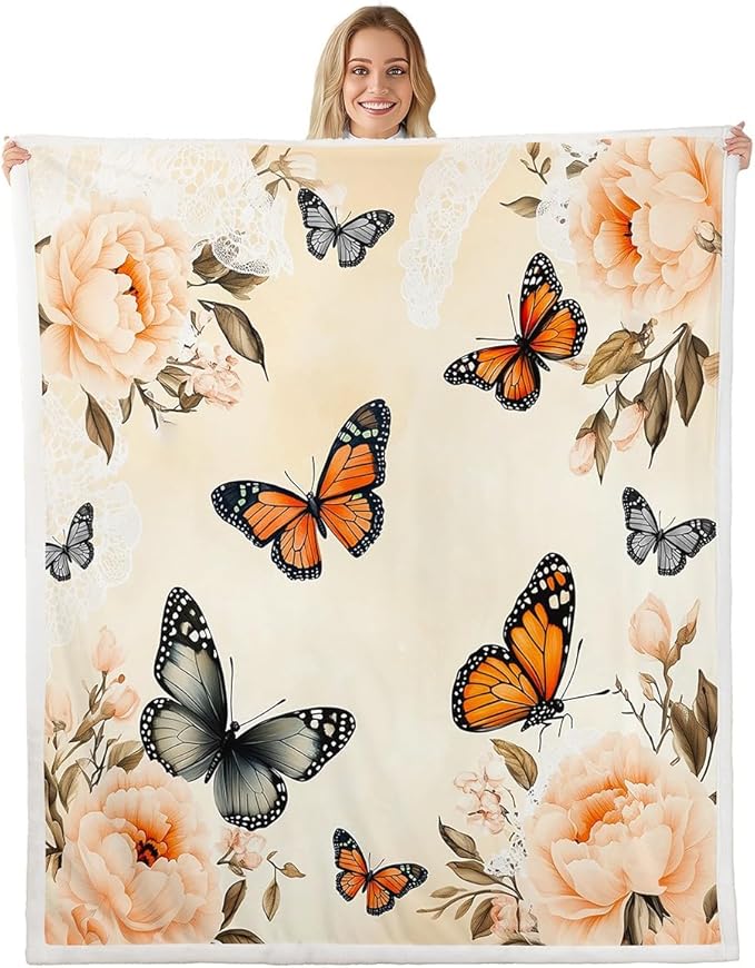 Feelyou Girls Butterfly Fleece Throw Blanket Twin 60"x80" Kids Gray Yellow Sherpa Blanket Plush Fuzzy for Bed Couch Chair Living Room, Chic Gorgeous Bed Blanket Noble Flower Room Decor