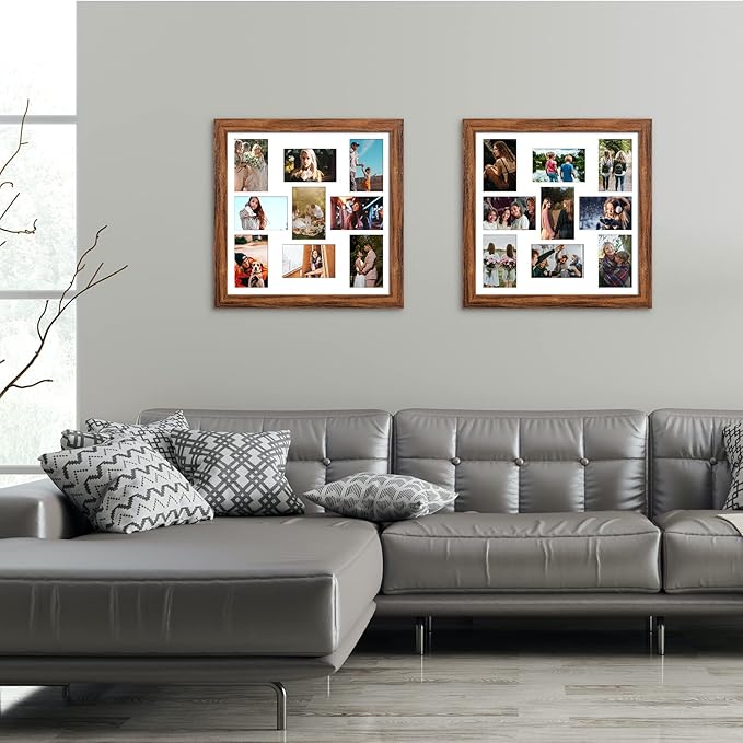 17x17 Picture Frame Display 9 opening 4X6 Picture Frame Collage,Multi Photo Frame with Mat,Plexiglass,Wall Mount Decor,Carbonized Brown Wood Grain