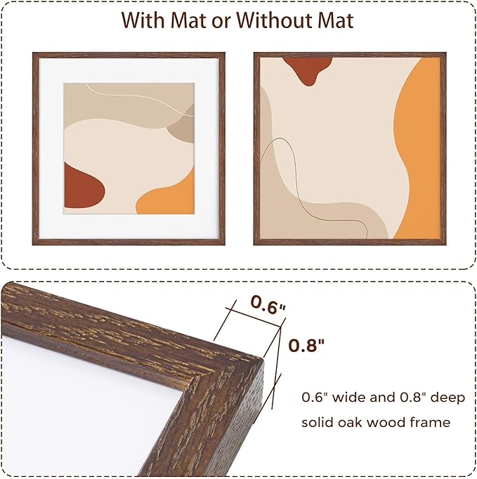 16x16 Picture Frames for Wall, Oak Wood 16"x16" Photo Frame, Square 16 x 16 Frame Matted to 12 x 12 - Tempered Real Glass, Rustic 16x16 Wood Frames (Walnut Color, 3 Pack)