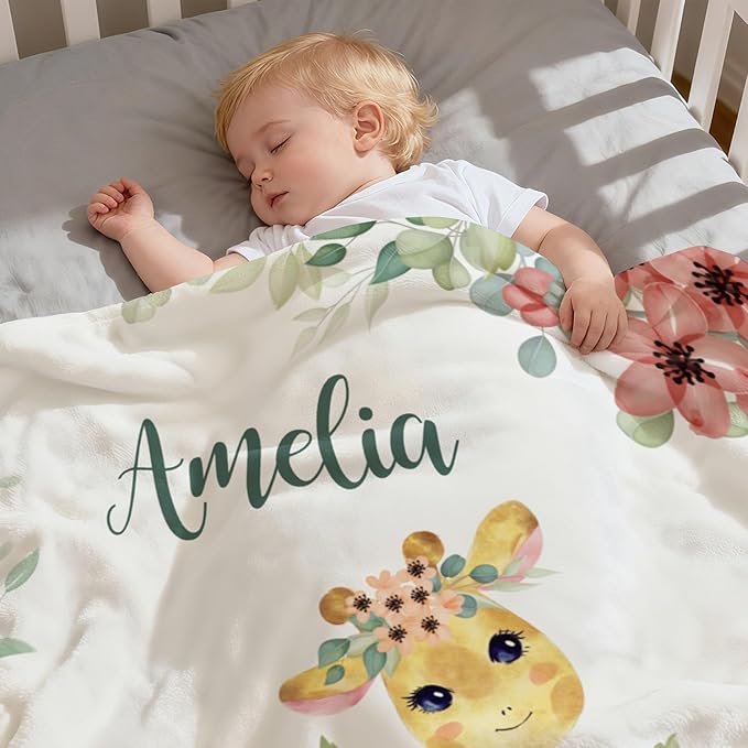 Personalized Baby Blanket with Name, Customized Soft Animals Flannel Blankets for Newborn Boys Girls and Toddlers, for New Mom, Infant Birthday Gift, Giraffe-1
