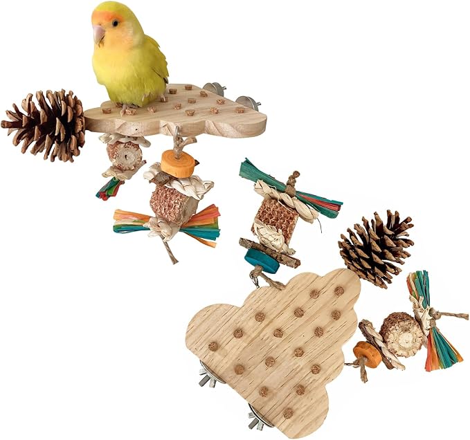 2 Pack Parrot Toys, Parrot Wooden Toys Long Tailed Bird Toys with Pure Natural Corn Sticks and Pure Natural Pine Cones, Fun Bird Cage Accessories (Platform & Platform)