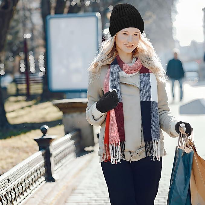 Geyoga 6 Pcs Winter Hat Scarf Gloves Set Knitted Touchscreen Gloves Plaid Scarf Earmuffs Socks Gift for Women Men