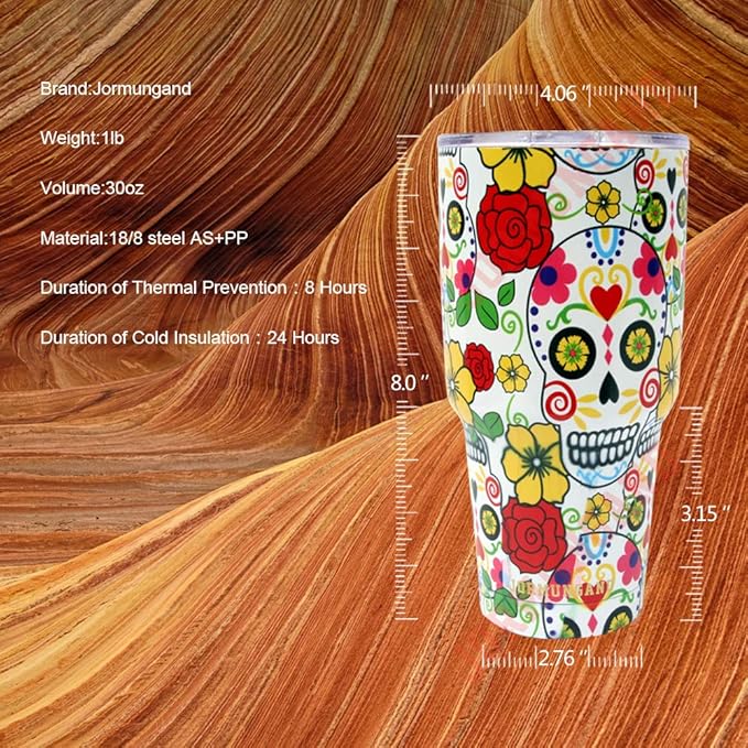 Jormungand 30 oz Tumbler Stainless Steel Vacuum Insulated Travel Mug with Leak Proof Lid Double Wall Coffee Cup Water Bottle for Cold Beverages 30oz tumbler Sugar Skull