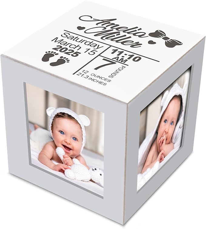 Personalized Mini White Wood Photo Cube for New Mom– Custom Name Picture Frame Memory Box for Baby Milestones, Newborn Photo Props, Shower Gift, or Nursery Shelf Display & Keepsake Decoration