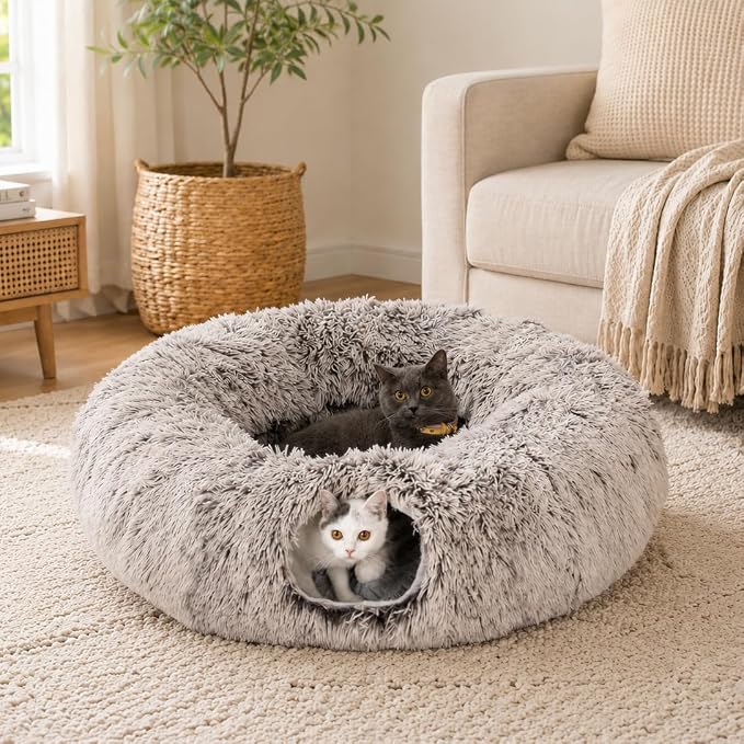 Warm Fluffy Plush Cat Tunnel Bed Under Christmas Tree Big Tube Playground Toys 3 FT Diameter Longer Crinkle Collapsible 3 Way, for Indoor Cat Kitty Kitten Puppy Rabbit Ferret Brown