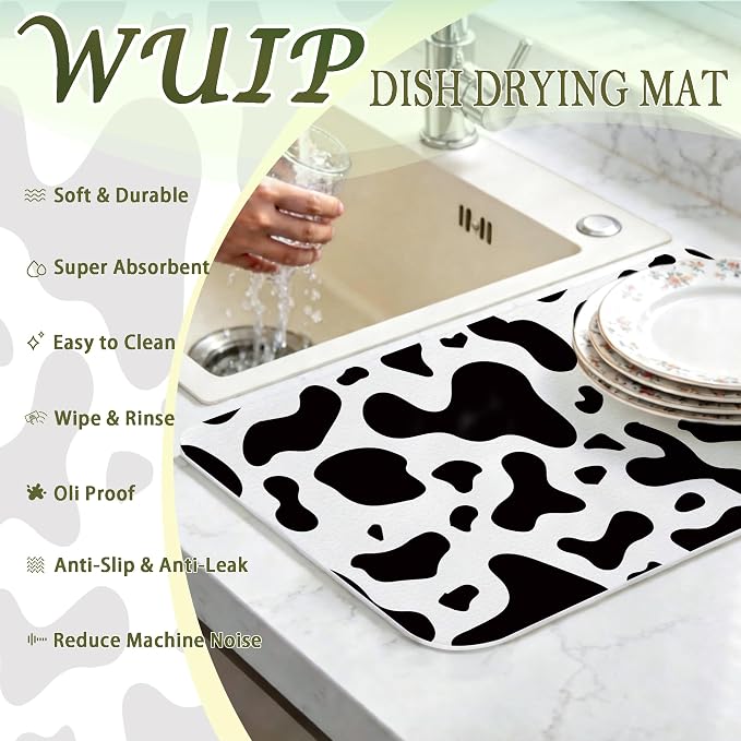 Cow Print Dish Drying Mats for Kitchen Counter, Black and White Cow Animal Print Absorbent Reversible Coffee Bar Mat Drying Pad for Kitchen Decor, 12x15 Inch