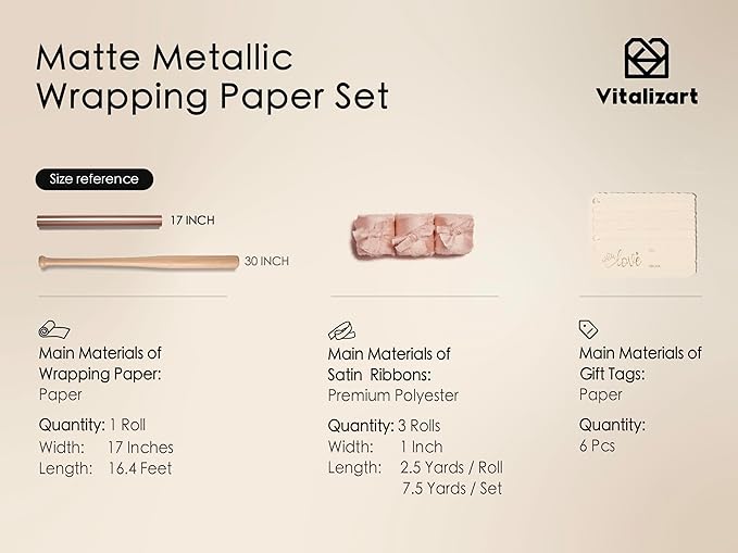 Vitalizart Pink Matte Metallic Wrapping Paper Set 17" With Silk Satin Ribbon & Gift Tags Christmas Gift Wrapping Birthday Baby Shower Wedding Bouquets Handmade Crafts 197"(16.4 Ft) Pink Ribbon