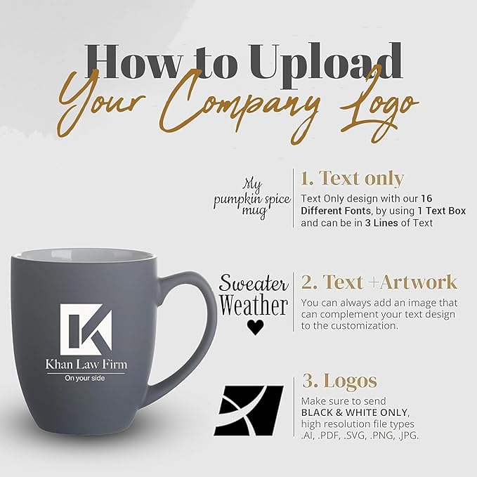 Personalized Coffee Mug Engraved with your Custom Logo - Customized Coffee Mugs, Hot Chocolate Mug, Birthday Gift, Retirement Gift (Engraved Custom Logo, Matte Grey)