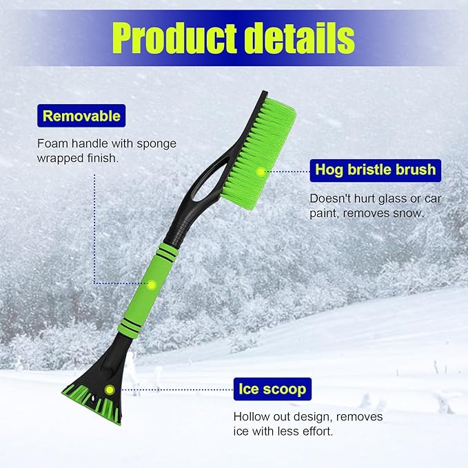 24 Inch Car Snow Scraper and Brush, Detachable Scratch Free Ice Scraper with Ergonomic Foam Grip, Universal Winter Snow Removal Tool for Car Windshield Window (Green)