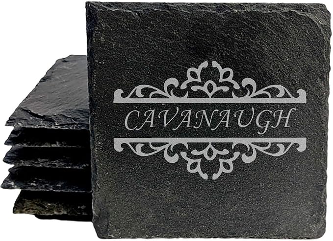 Personalized Monogram Family Coasters, Natural Stone Set, Birthday, Wedding, Customized, Rustic - Square Slate - Set of 4