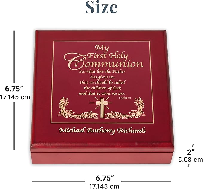 Let's Make Memories Personalized Communion Keepsake Box - Scripture - Sacrament - Religious Keepsake - First Communion - Natural Wood - Cherry Finish - Inspirational Verse - 6.75”Lx6.75”W