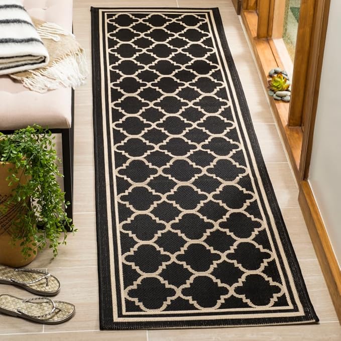 SAFAVIEH Washable Rug Outdoor Courtyard Collection - 2'3" x 20' Runner, Black & Beige, Non-Shedding & Easy Cleaning, Ideal for Patio, Entryway, Mudroom, Hallway, Kitchen (CY6918-226)