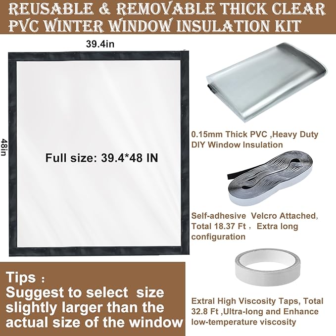 Window Insulation Kit for Winter Adjustable Plastic Insulated Window Cover Sealer Reusable Thermal Thicken Clear Insulation Wrap Transparent Film with Hook and Loop Tape for Winterizing 39'' x 48''