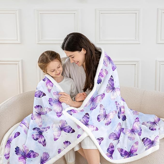Feelyou Girls Purple Butterfly Fleece Throw Blanket Baby 30"x40" Kids Watercolor Sherpa Blanket Plush Fuzzy for Bed Couch Chair Living Room, Tie Dye Bed Blanket Room Decor