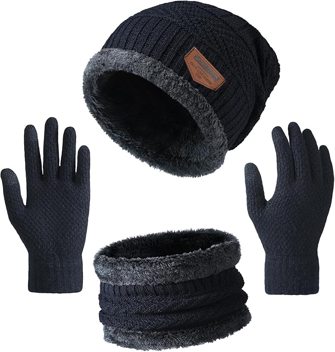Winter Beanie Hat Circle Scarf Touchscreen Gloves Set, Snow Knit Skull Cap, Warm Thick Fleece Lined Neck Warmer for Men Women