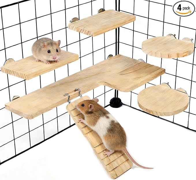 Hamster Cage Platform L-Shaped Wooden Hamster Cage Accessories Rat Climbing Toys Ledge with Ladder for Sugar Glider Mice Mouse Chinchilla Squirrel (L)