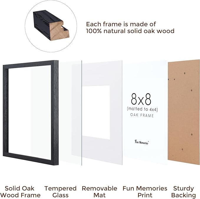 8x8 Oak Wood Picture Frame in Black, 8"x8" Photo Frame for Wall, Square Frames 8x8 with Stand for Tabletop Display, Real Tempered Glass, 8 x 8 Picture Frames (Black Color, 1 Pack)