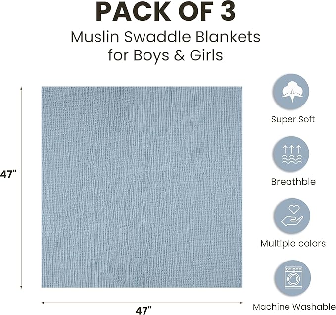 Konssy 3 Pack Muslin Swaddle Blankets for Unisex, Newborn Receiving Blanket, Large 47 x 47 inches, Soft Breathable Muslin Baby Swaddles for Boys & Girls