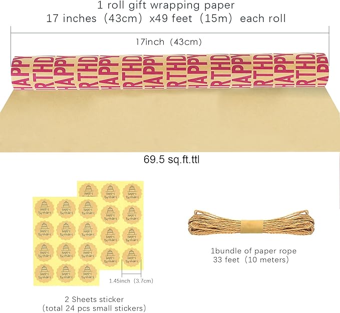 MAMUNU Birthday Wrapping Paper Roll, Red and Brown Kraft Happy Birthday Wrapping Paper Jumbo Roll, Gift Wrap Paper Set for Men Women Boys Girls, 17x590 Inch (70 sq. ft.)
