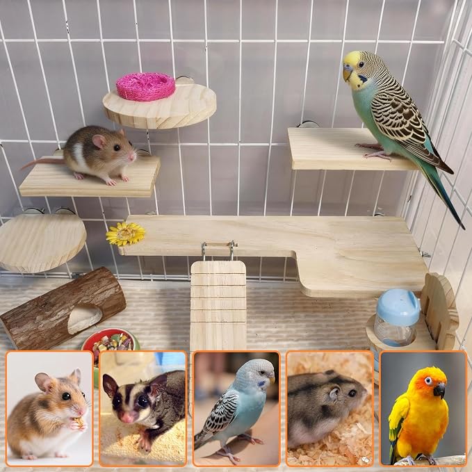 Hamster Cage Platform L-Shaped Wooden Hamster Cage Accessories Rat Climbing Toys Ledge with Ladder for Sugar Glider Mice Mouse Chinchilla Squirrel (L)