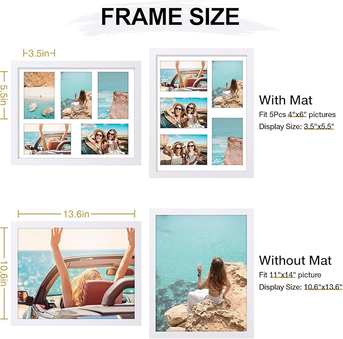 Vittanly 11x14 Collage Picture Frame, Displays 5Pcs 4x6 Pictures with Mat or 1Pcs 11x14 without Mat for Wall Mounting, Picture Frames Collage Wall Decor in White, 1 Pack