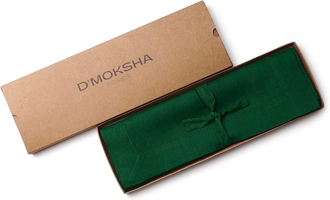 D'Moksha Homes Linen Placemats Set of 6 - Classic Hemstitch Forest Green Placemats 14 x 19 Inch - 100% Pure Linen Table Mats for Thanksgiving, Christmas, Holiday - Handcrafted and Machine Washable