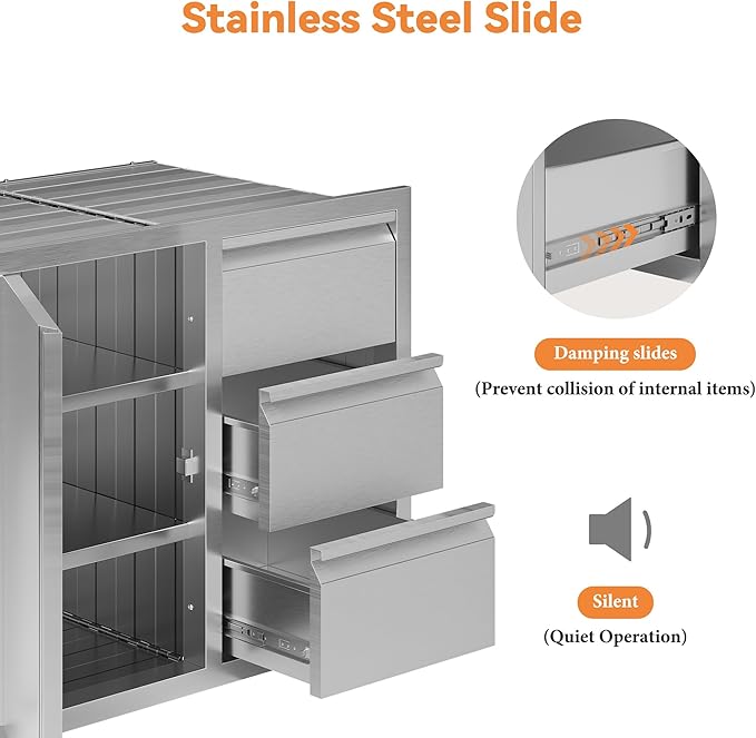 Jocisland Outdoor Kitchen Drawers 28" W×20" D×23" H Stainless Steel Drawers for Outdoor Kitchens, 3-Tier Cabinet & 3-Drawer Combo, Built-in BBQ Island Storage