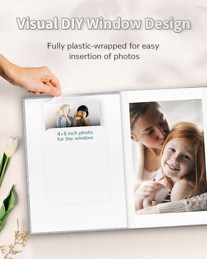 Photo Album 4x6 with 100 Pockets,Slip-in Picture Albums,Linen Cover Memory Book with Front Window,White Page Vertical Photo Book for Wedding,Family,Anniversare,Baby,Vacation