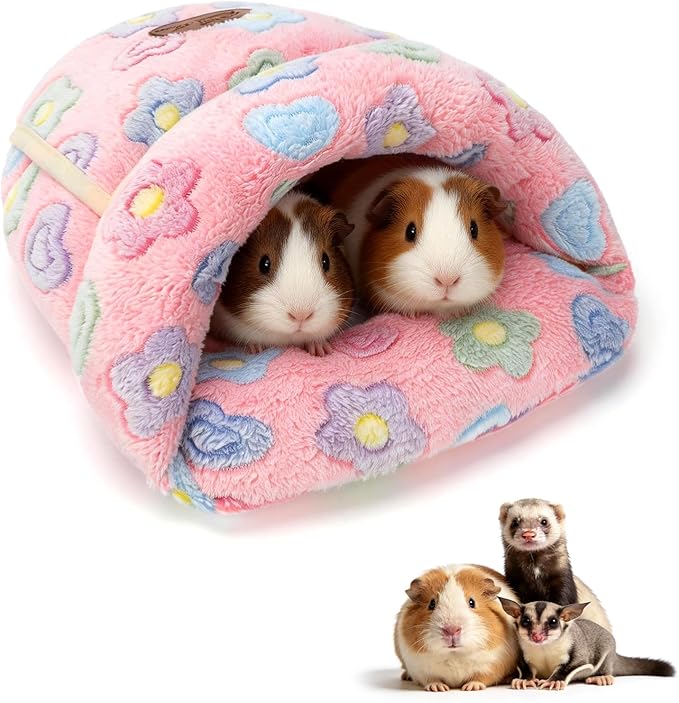 YUEPET Guinea Pig Bed Cuddle Cave, Warm Fleece Hideout, Pink Flower | Cozy Guinea Pig House, Portable Guinea Pig Hideout, Soft Coral Fleece, Washable Cushion
