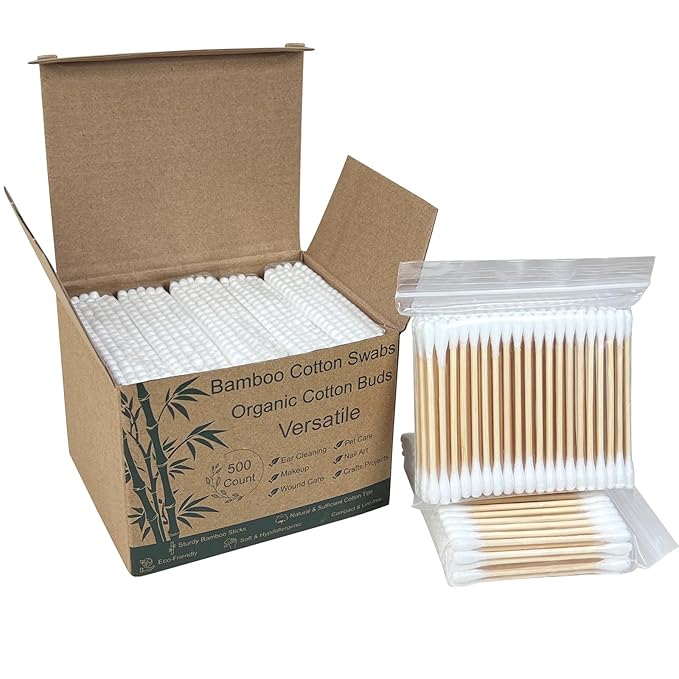 eyxformula Wooden Cotton Swabs, Sustainable Bamboo Sticks & Soft Tips, Natural Organic Cotton Buds for Ear Cleaning, Makeup Removal, Craft Projects, Personal Care, Pet Care, Household Use (500 Count)