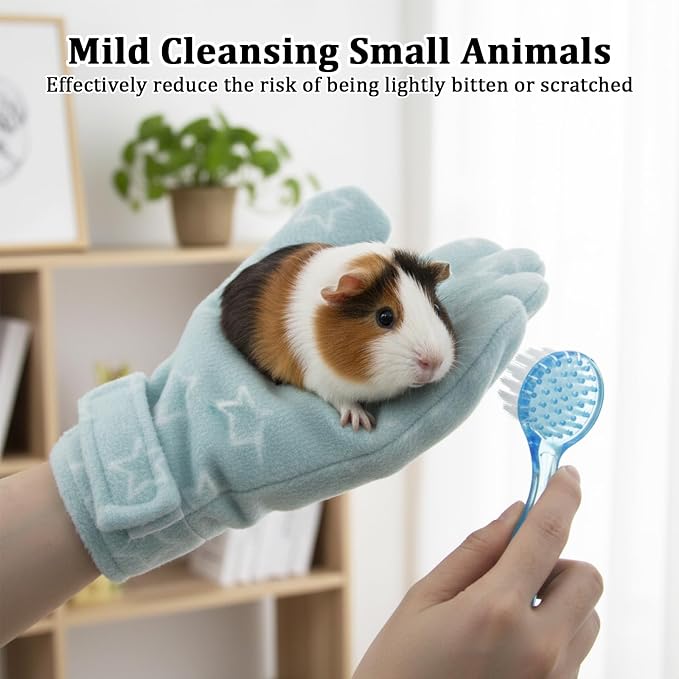 1Pcs Hamster Bite Proof Glove and Grooming Brush Set, Adjustable Hamster Glove, Lid Soft Cleansing Brush Massage Combs, Guinea Pig Brush, Hamster Care Set for Hamsters, Ferrets, Hedgehog (Green Stars)