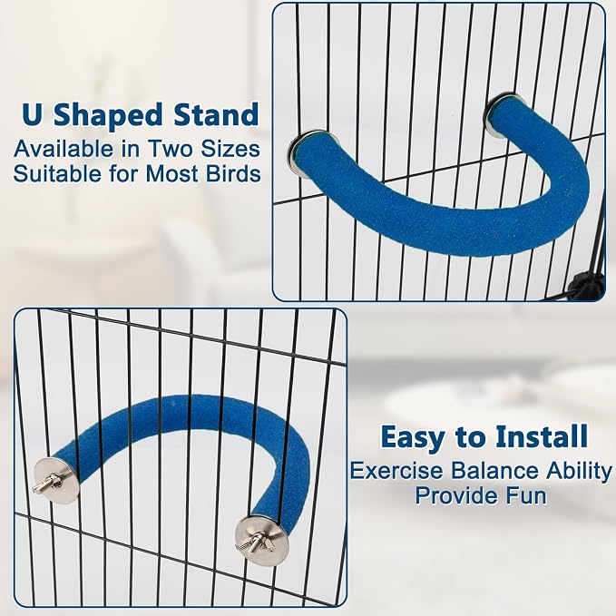 Rypet U-Shaped Large Parrot Perch, Quartz Bird Perch for Cage(Blue L) | Safe Chew & Rest Perch for Large Birds, Durable Non-Toxic Cage Accessory, for Parakeets Cockatiels Conures Macaws