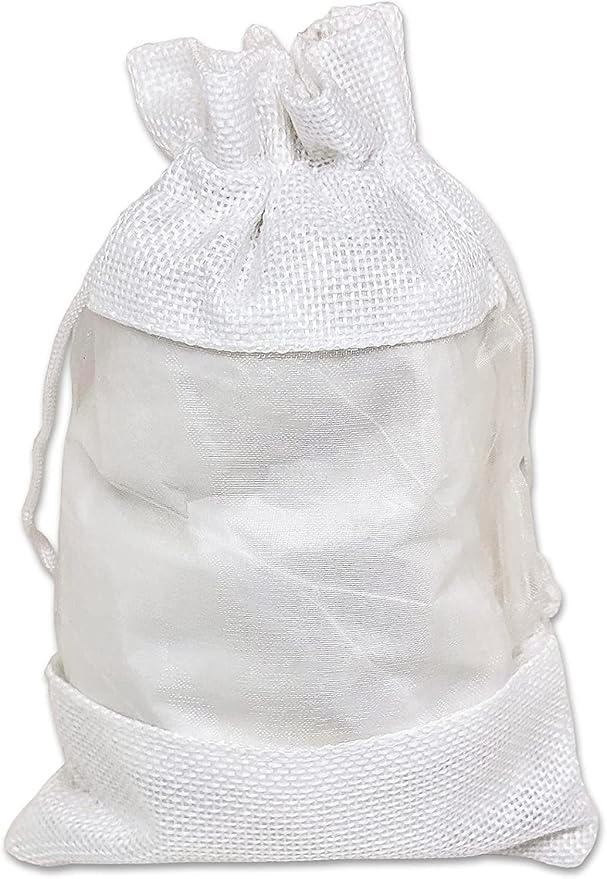 48-Pack Medium Linen Burlap & Organza Gift Bags w. Drawstrings (5x7 in, White) - Party Favors, Presents, Samples & Treats Mesh Pouch by The Display Guys