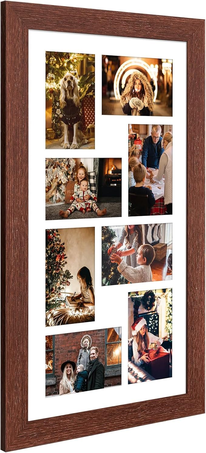 11.8x21.8 Picture Frame Display 8 opening 4X6 Picture Frame Collage,Multi Photo Frame with Mat,Plexiglass,Wall or Tabletop Decor,Walnut Wood Grain