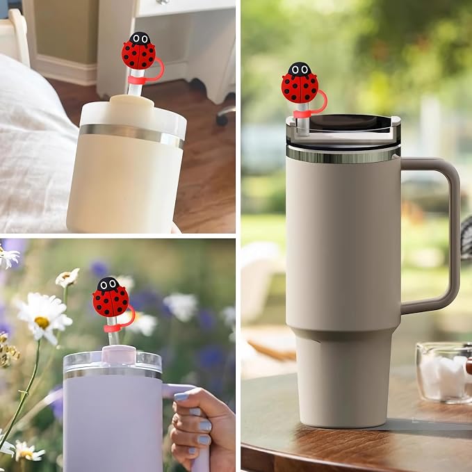 Animal Straw Toppers For Stanley Cups;Straw Covers Cap Toppers Compatible With Stanley 30&40 Oz Tumbler, Reusable & Silicone Tumbler Straws Topper For 0.4 Inch Tips Animal Lover Gifts (Ladybug)