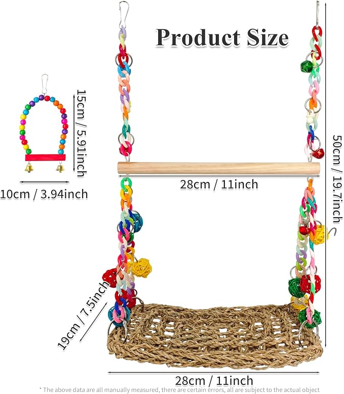 Natural Bird Swing Toys with Wood Perch, Double Layer Bird Seagrass Woven | Climbing Hammock with Chewable Perch Stand Chewing Toy for Parakeets, Budgies, Conures, Cockatiels, Lovebirds
