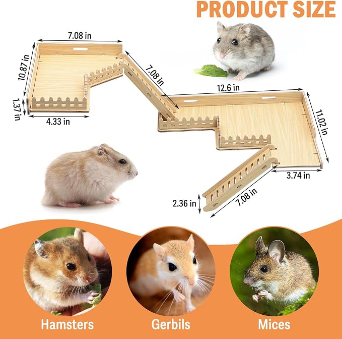 Fhiny 2-Tier Hanging Gerbil Climbing Platform with Ladder & Fence, Wooden Platform for Cage, Hamster Activity Playground Habitat Decor, Cage Accessories for Dwarf Hamster Gerbil Mice Rat Mouse