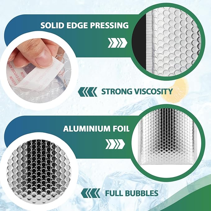 50 Pack Insulated Silver Thermal Bubble Mailers 8 x 11 in, Waterproof Metallic Foil Padded Envelopes, Self Adhesive Bubble Mailer Bags for Cold Shipping, Food, Perishables, Cosmetics