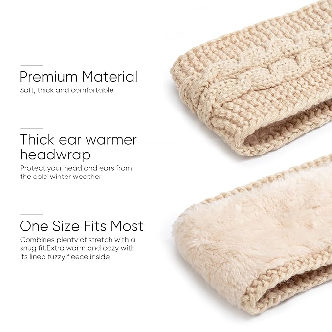 AQOKKA Knit Winter Headbands for Women Fuzzy Wool Fleece Lined Ear Warmers Elastic Turban Crocheted Head Wrap Winter Accessories for Women Cold Weather