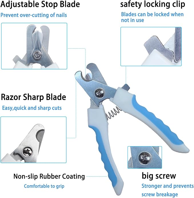 5Pcs Dogs and Cats Grooming Nail Clippers Kit Pet Claws Nail Clipper Trimmers, with Protective Guard Lock to Avoid Over Cutting, Professional Trimmers for Large and Small Cat and Dog (Blue)