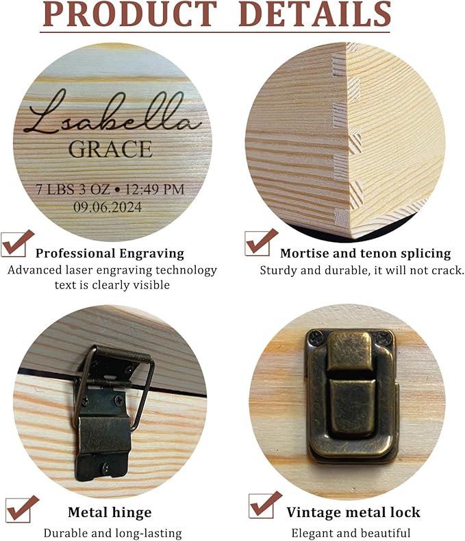 Large Personalized Baby Keepsake Box, Pine Wood 11.8x8x6.2 inches Memory Box for Keepsakes Custom Engraved Newborn Gift Box with Lid, Baby Shower Gifts for Boys Girls Keepsake Chest